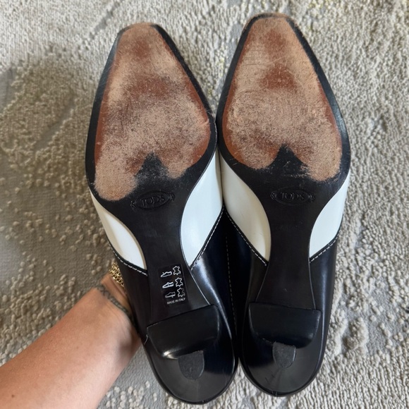 Tod’s kitten heal mules black white slide on leather slip on classic 9.5 - Picture 7 of 12